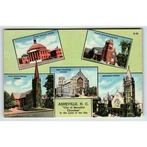 City Of Beautiful Churches Asheville North Carolina Postcard Linen Unposted NC